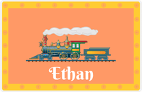 Thumbnail for Personalized Train Placemat - Tangerine and Mustard - Border with Wheels -  View