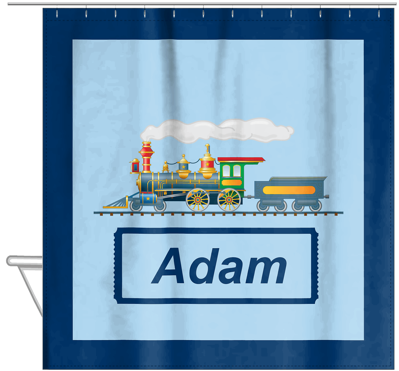 Personalized Train Shower Curtain - Blue Background - Solid Border with Ticket Nameplate - Hanging View