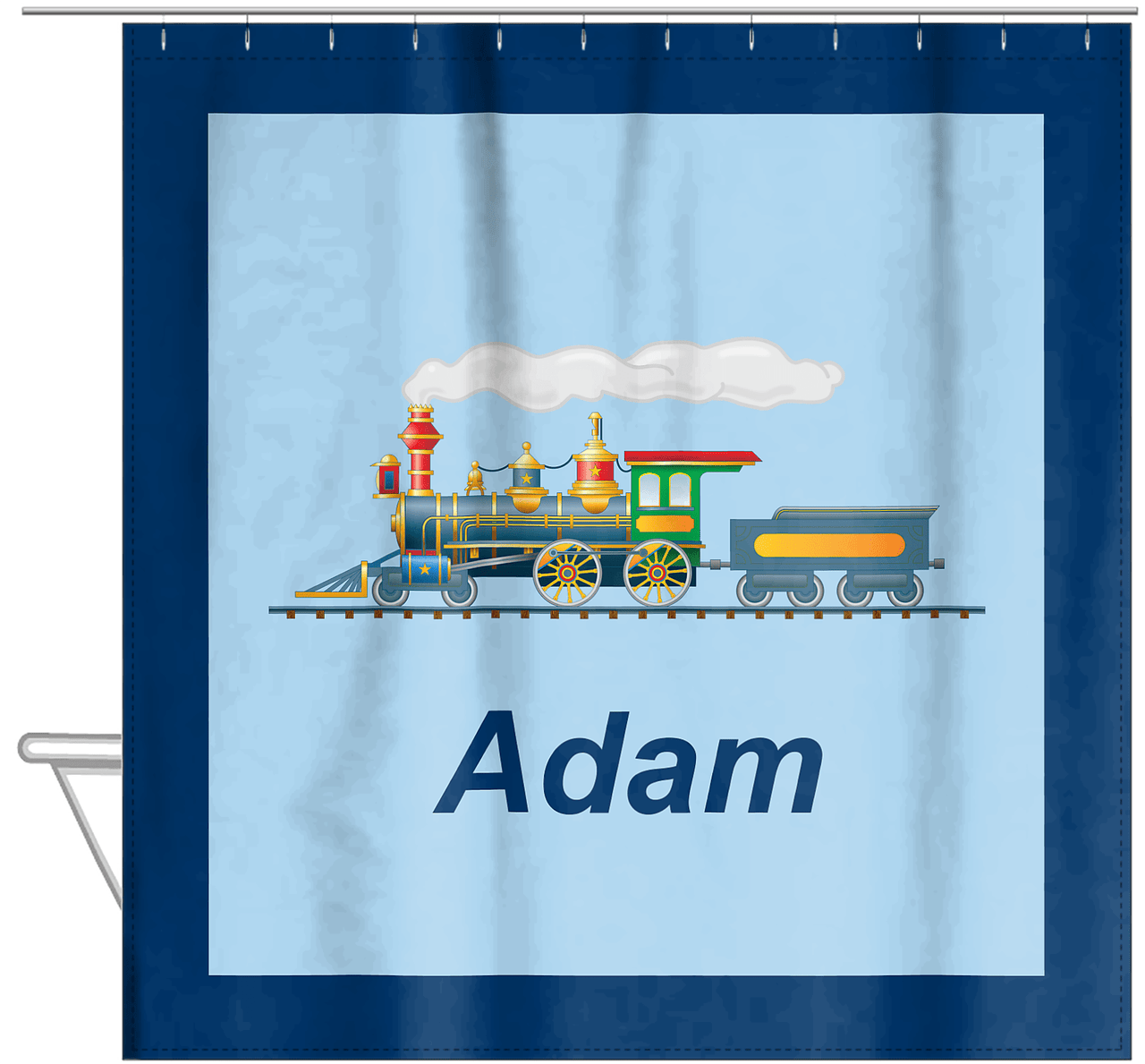 Personalized Train Shower Curtain - Blue Background - Solid Border - Hanging View