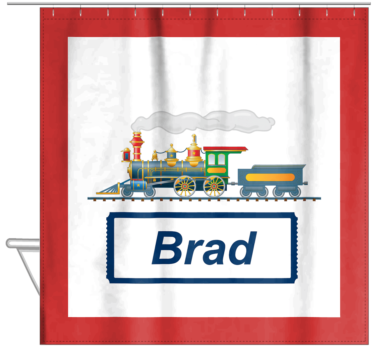Personalized Train Shower Curtain - White Background - Solid Border with Ticket Nameplate - Hanging View