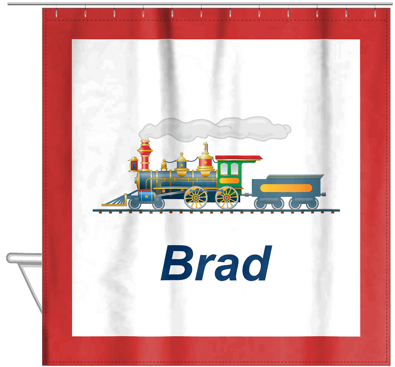 Personalized Train Shower Curtain - White Background - Solid Border - Hanging View