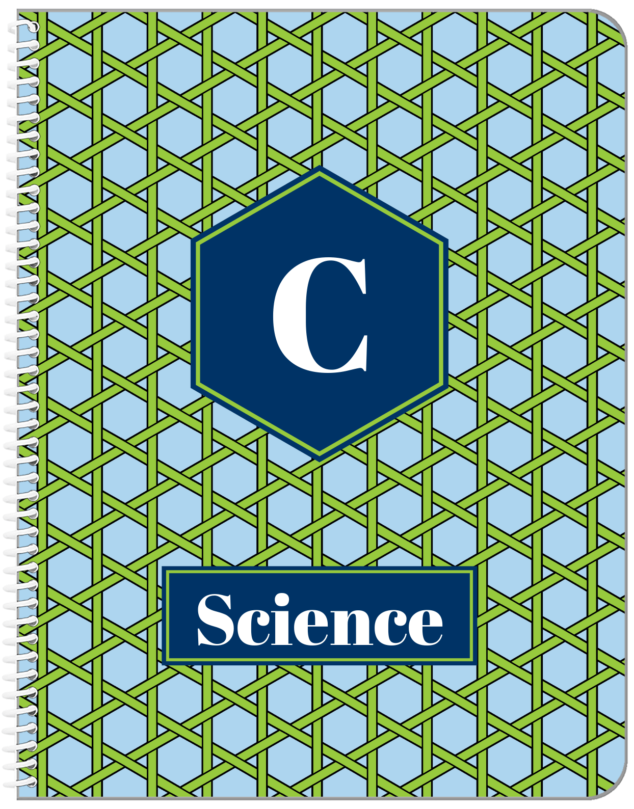 Personalized Trellis Notebook I - Blue and Green - Hexagon Nameplate - Front View