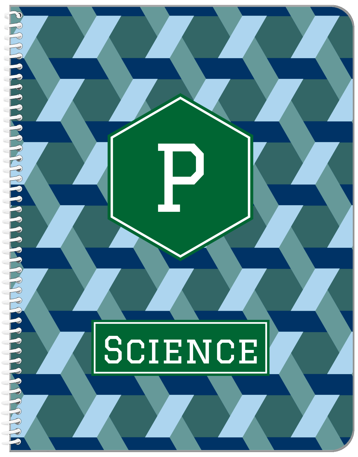 Personalized Trellis Notebook II - Blue and Green - Hexagon Nameplate - Front View