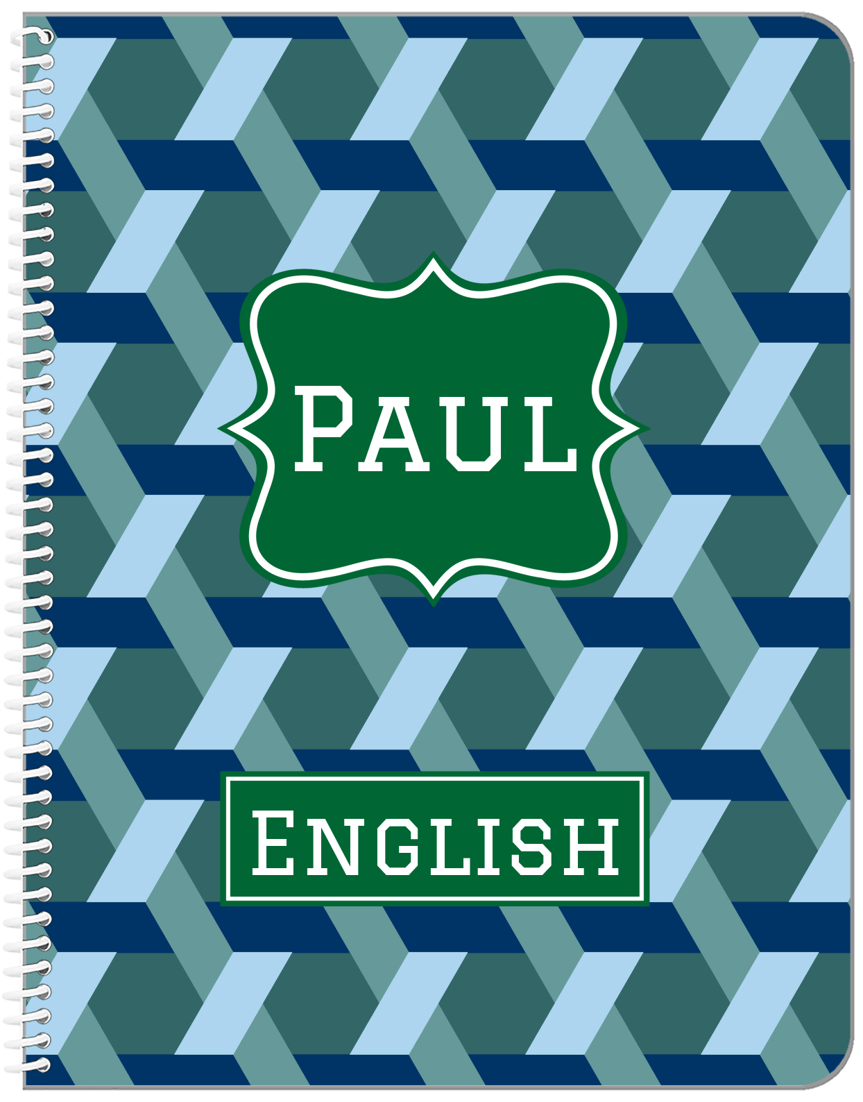 Personalized Trellis Notebook II - Blue and Green - Fancy Nameplate - Front View