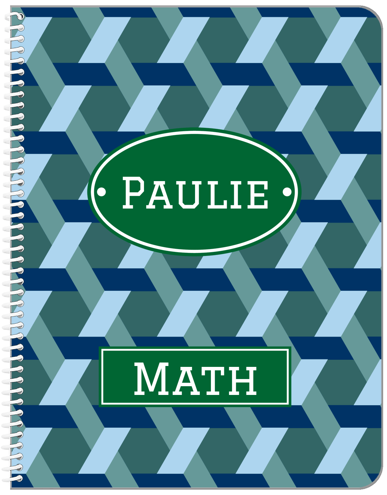 Personalized Trellis Notebook II - Blue and Green - Oval Nameplate - Front View