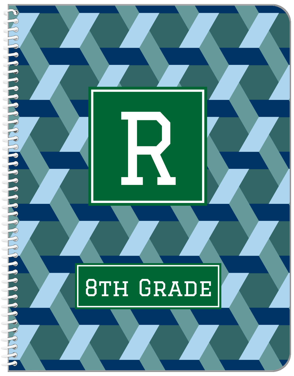 Personalized Trellis Notebook II - Blue and Green - Square Nameplate - Front View