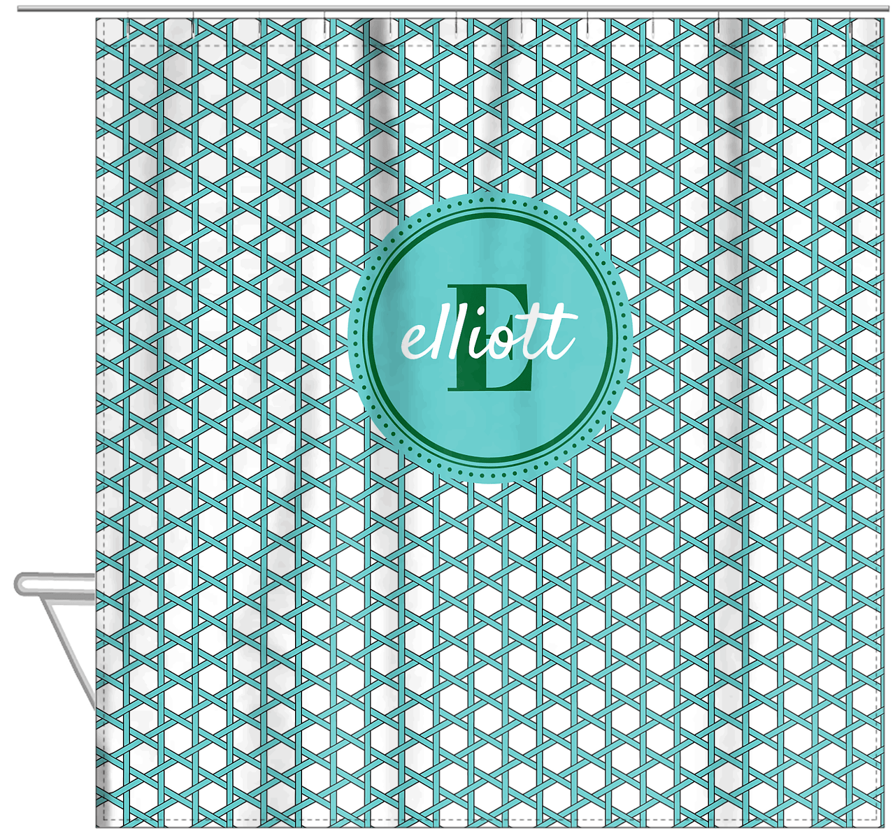 Personalized Trellis I Shower Curtain - Teal and Green - Circle Nameplate - Hanging View