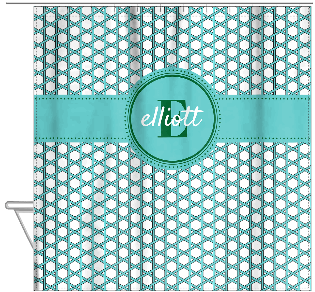 Personalized Trellis I Shower Curtain - Teal and Green - Circle Ribbon Nameplate - Hanging View