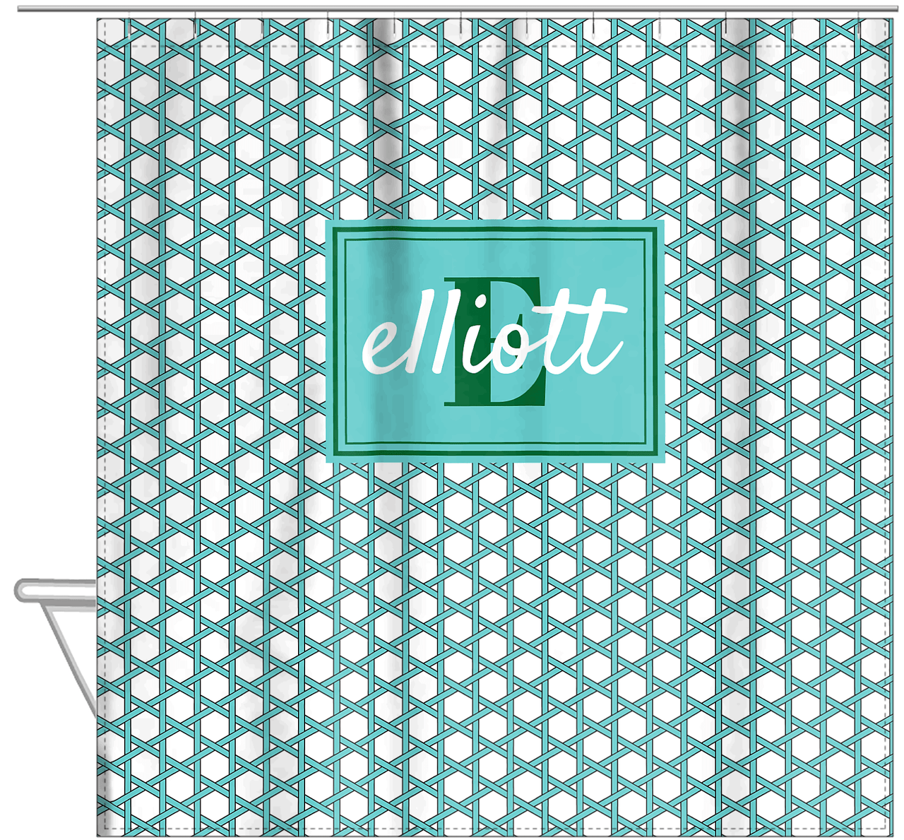 Personalized Trellis I Shower Curtain - Teal and Green - Rectangle Nameplate - Hanging View