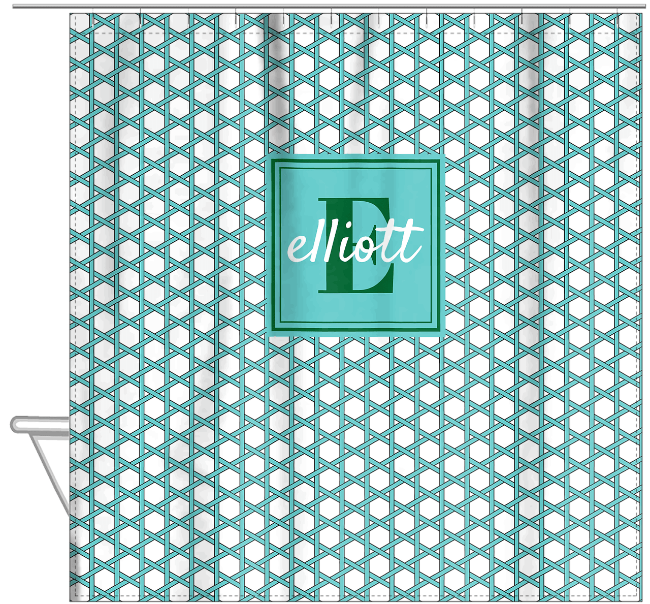 Personalized Trellis I Shower Curtain - Teal and Green - Square Nameplate - Hanging View