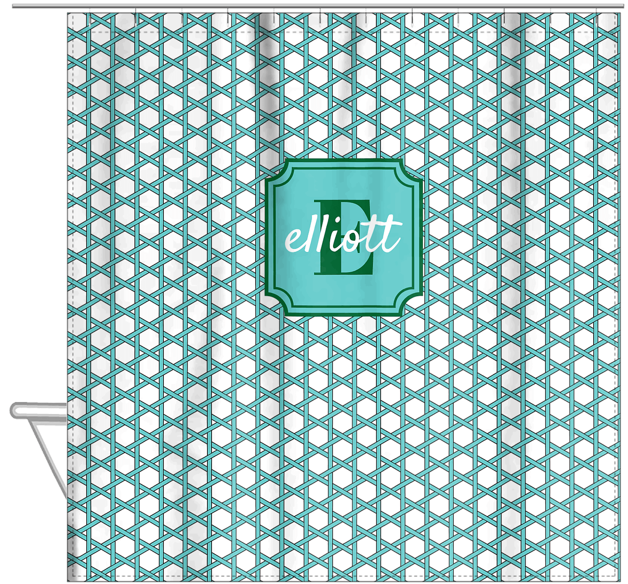 Personalized Trellis I Shower Curtain - Teal and Green - Stamp Nameplate - Hanging View
