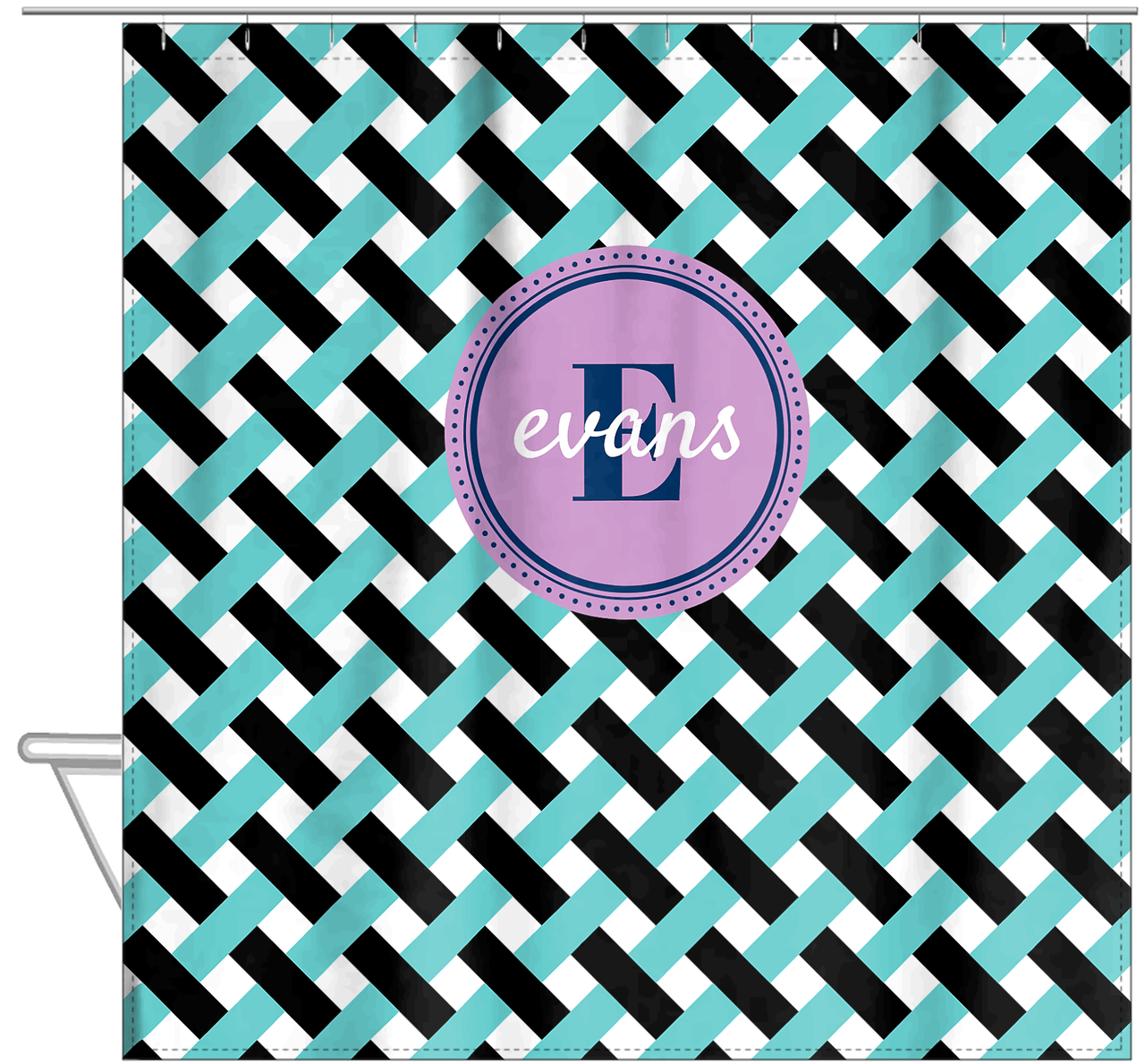Personalized Trellis III Shower Curtain - Teal and Black - Circle Nameplate - Hanging View