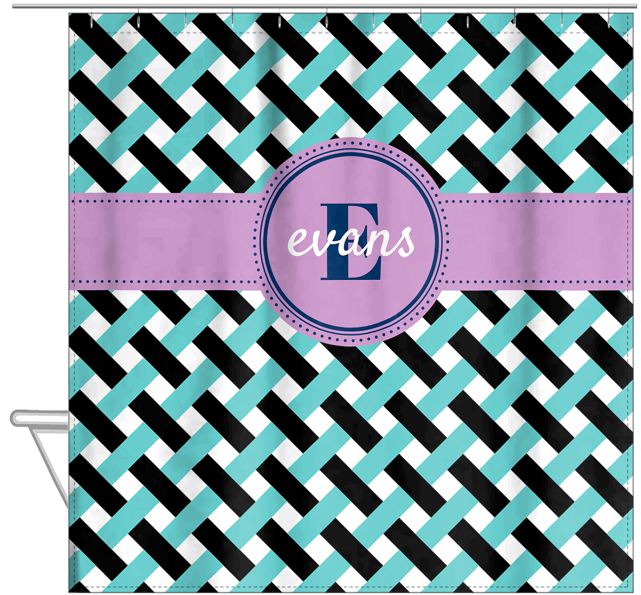 Personalized Trellis III Shower Curtain - Teal and Black - Circle Ribbon Nameplate - Hanging View