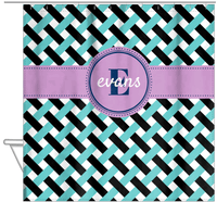Thumbnail for Personalized Trellis III Shower Curtain - Teal and Black - Circle Ribbon Nameplate - Hanging View