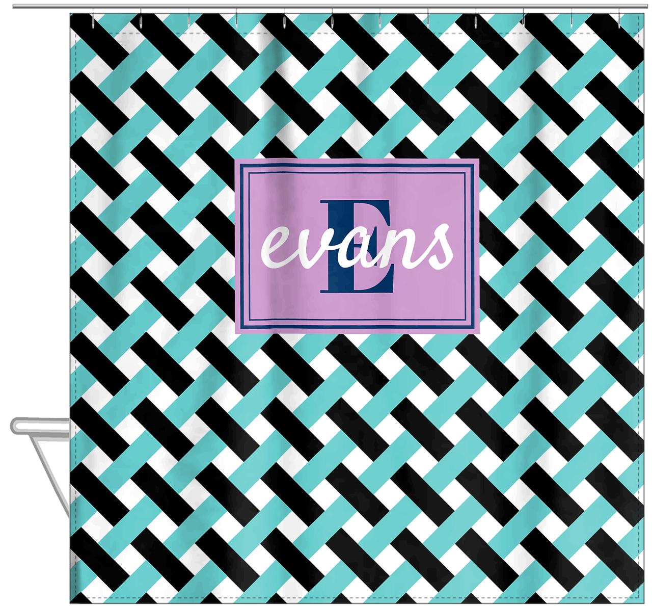 Personalized Trellis III Shower Curtain - Teal and Black - Rectangle Nameplate - Hanging View