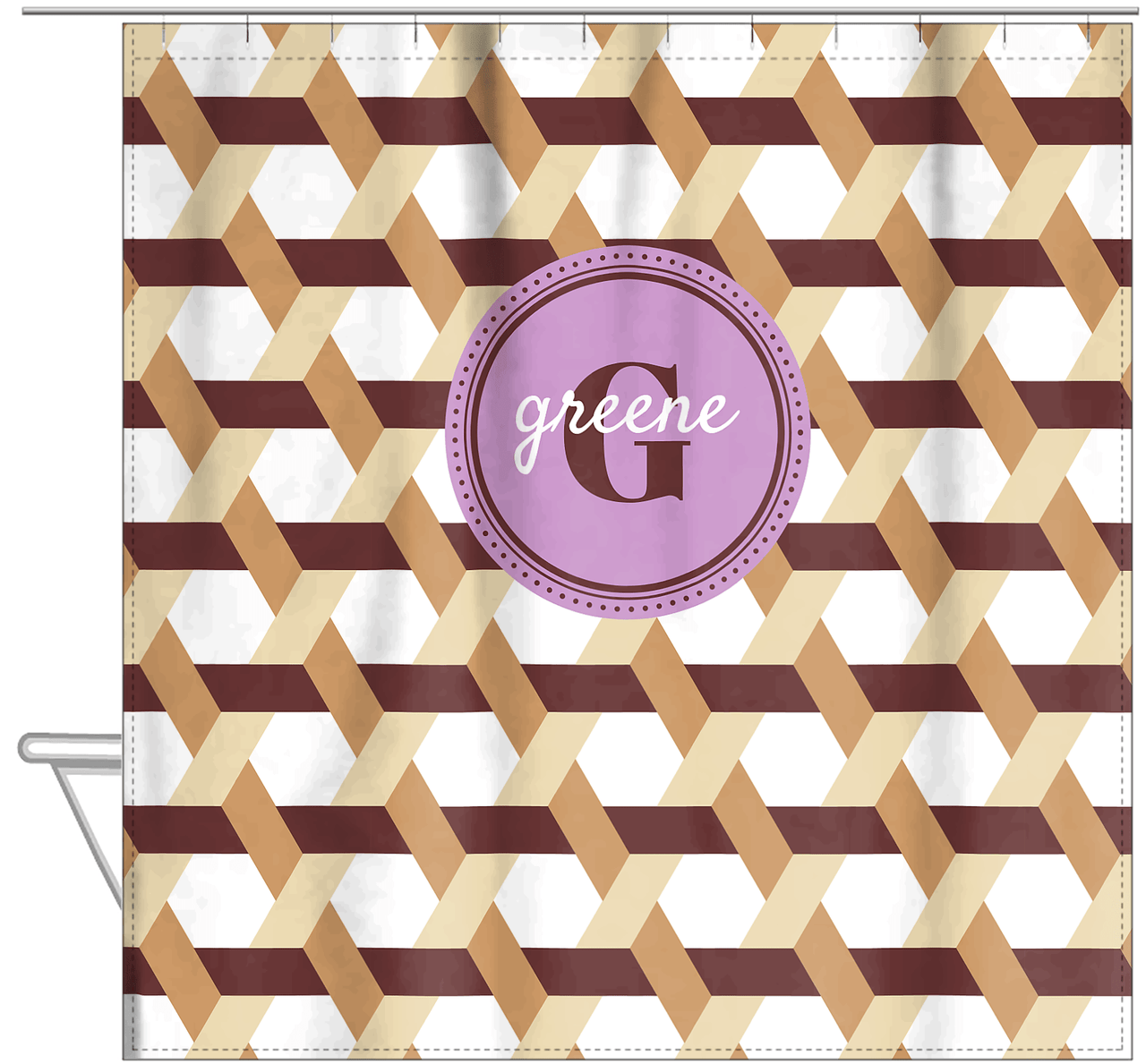 Personalized Trellis II Shower Curtain - Brown - Circle Nameplate - Hanging View