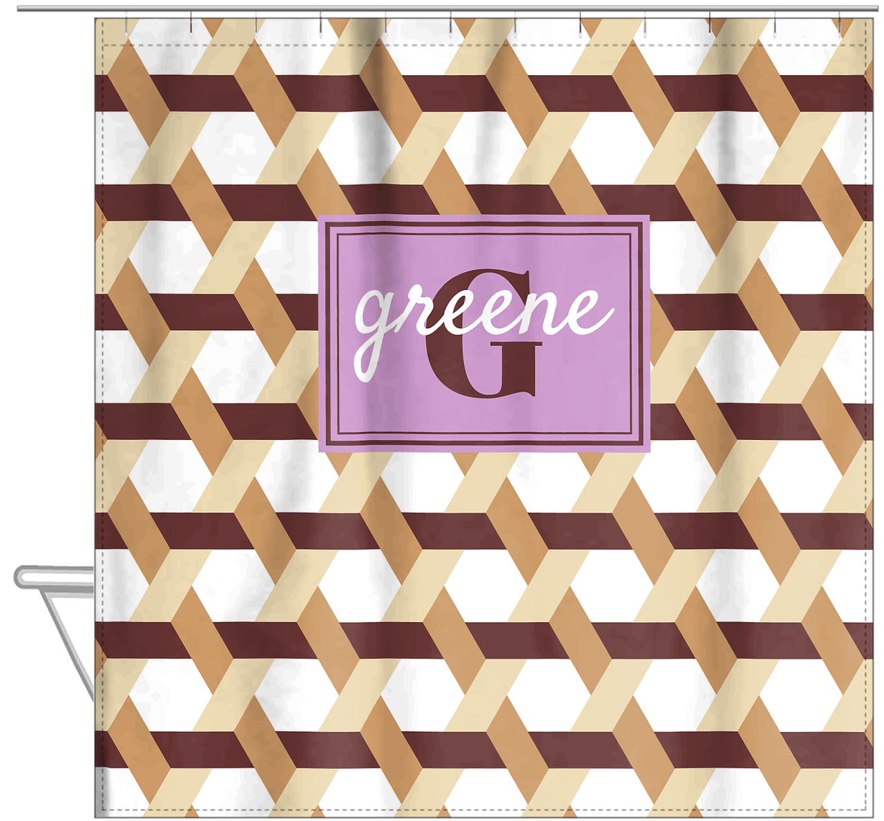 Personalized Trellis II Shower Curtain - Brown - Rectangle Nameplate - Hanging View