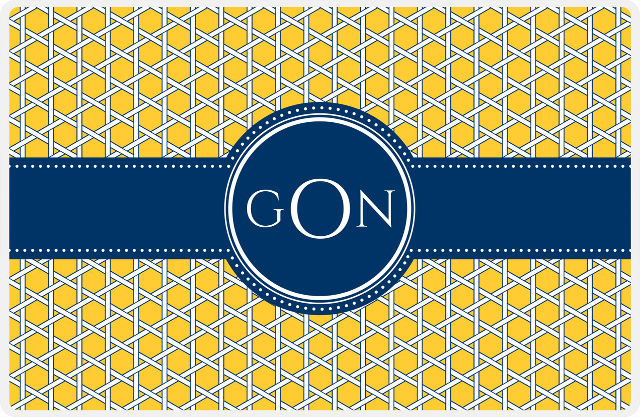 Personalized Trellis Placemat - Navy and Mustard - Navy Circle Frame with Ribbon -  View