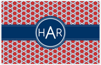 Thumbnail for Personalized Trellis Placemat - Cherry Red and White - Navy Circle Frame with Ribbon -  View