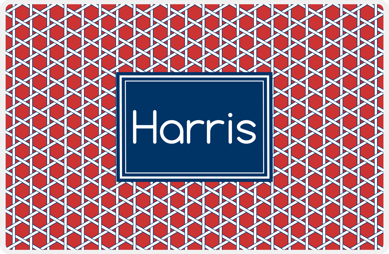 Personalized Trellis Placemat - Cherry Red and White - Navy Rectangle Frame -  View