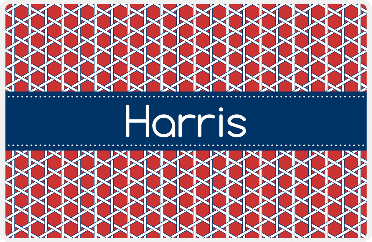 Personalized Trellis Placemat - Cherry Red and White - Navy Ribbon Frame -  View