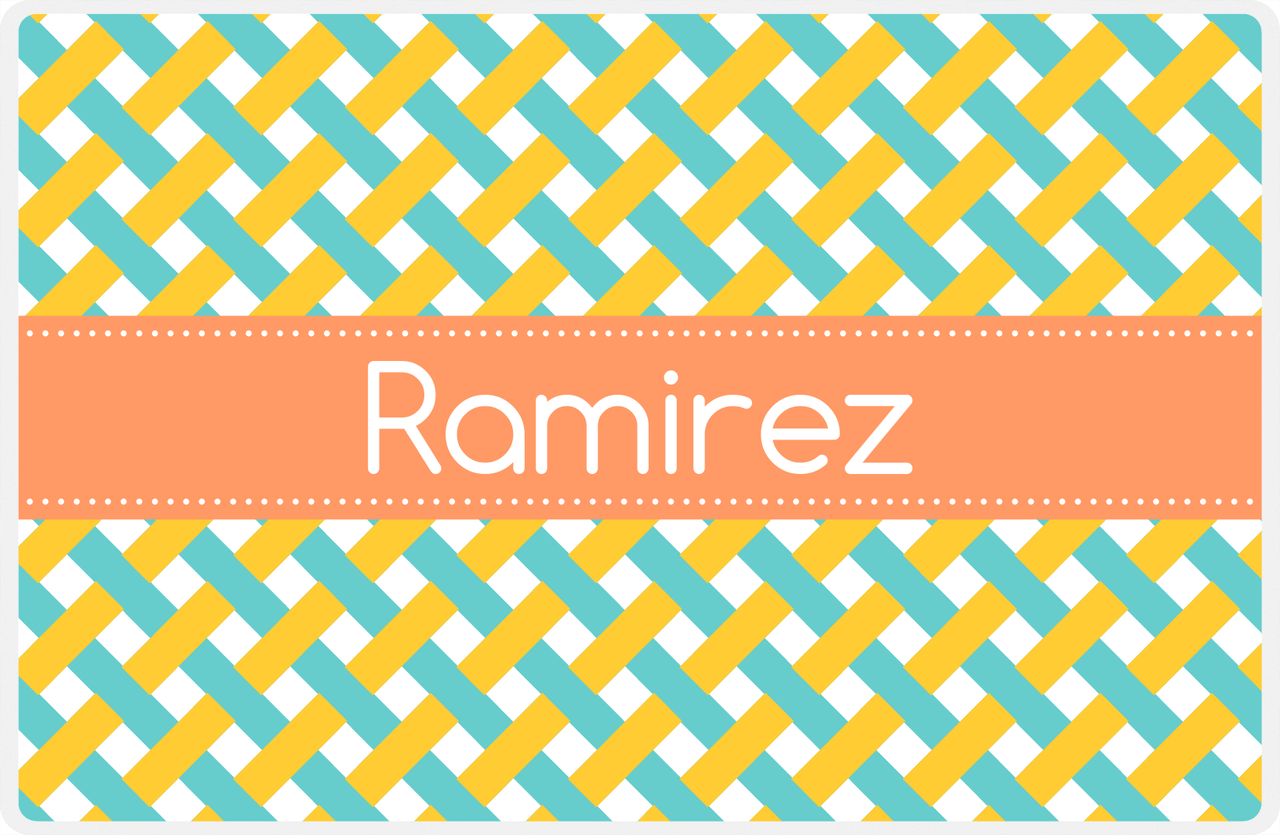 Personalized Trellis III Placemat - Viking Blue and Mustard - Tangerine Ribbon Frame -  View