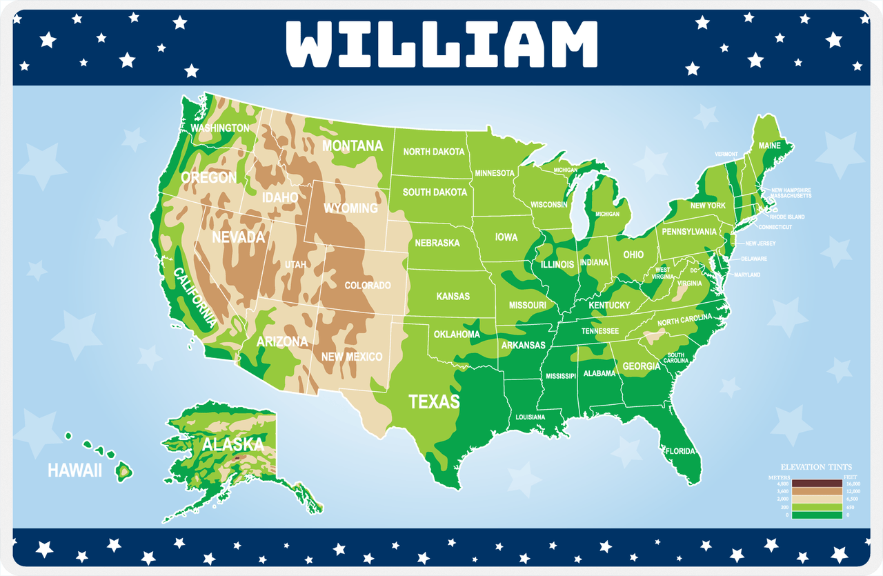 Personalized United States of America Map Placemat II - Blue Background -  View