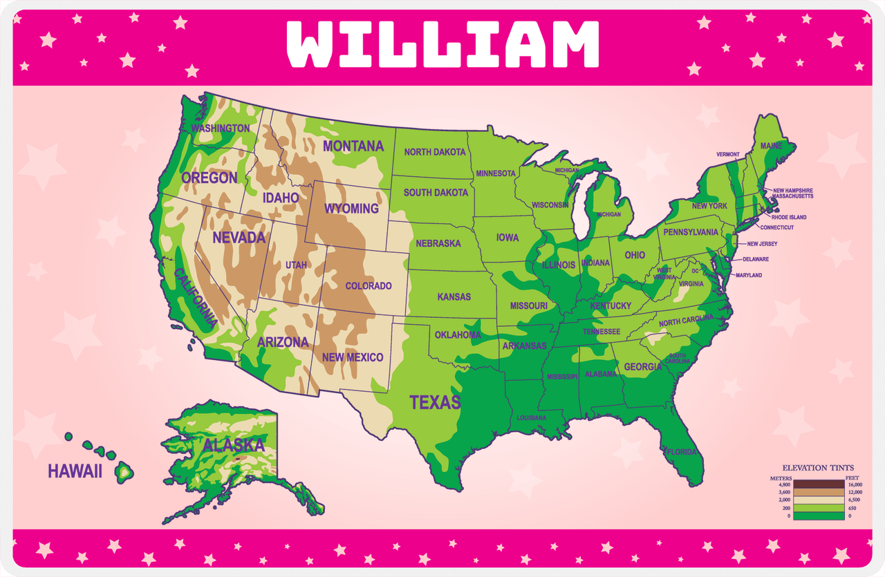 Personalized United States of America Map Placemat II - Pink Background -  View