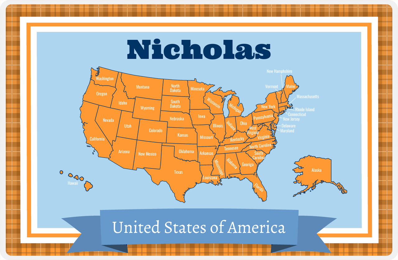 Personalized United States of America Map Placemat IV - Orange Border -  View