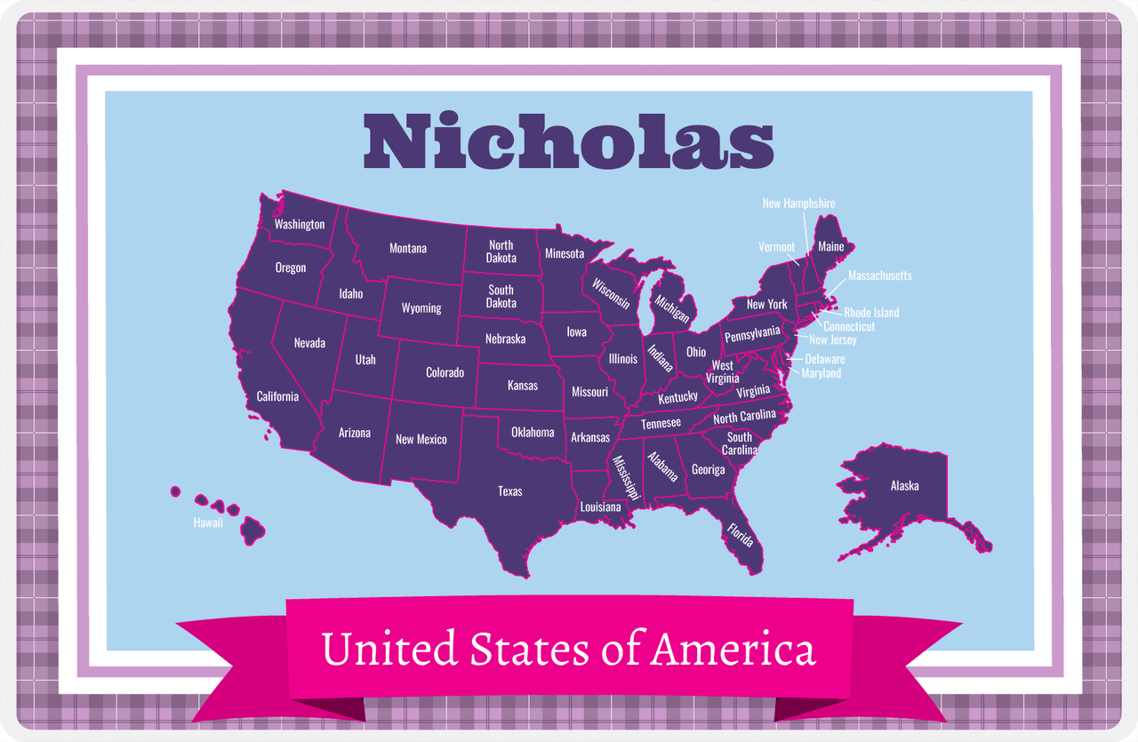 Personalized United States of America Map Placemat IV - Purple Border -  View