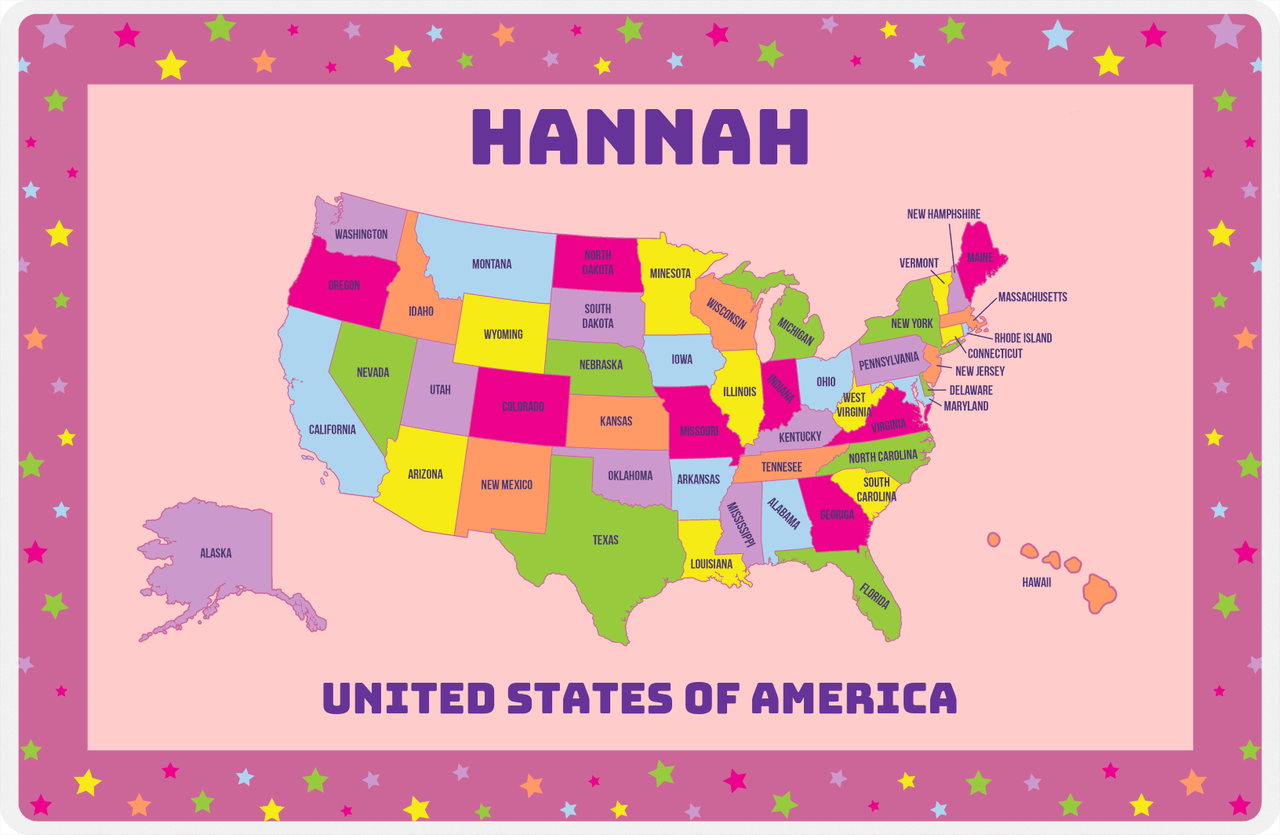 Personalized United States of America Map Placemat V - Pink Background -  View