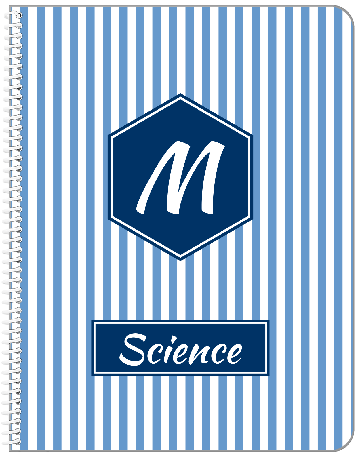 Personalized Vertical Striped Notebook I - Glacier and Navy - Hexagon Nameplate - Front View