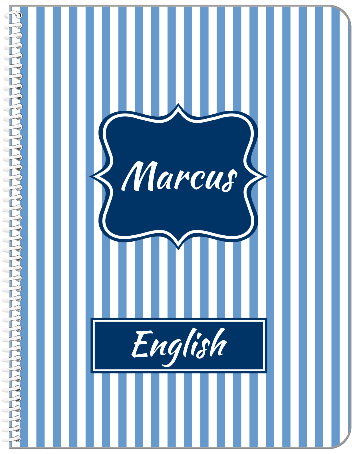 Personalized Vertical Striped Notebook I - Glacier and Navy - Fancy Nameplate - Front View