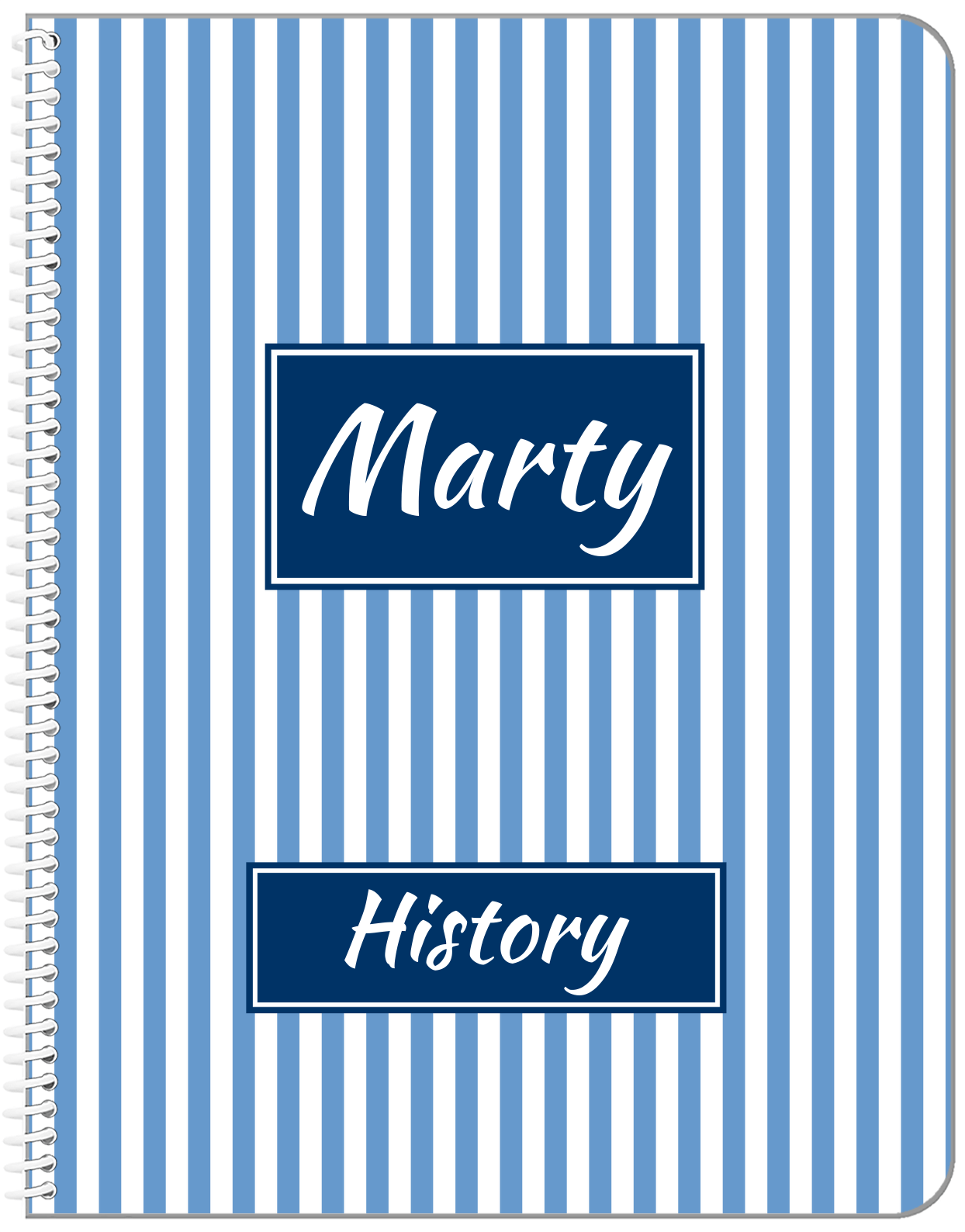 Personalized Vertical Striped Notebook I - Glacier and Navy - Rectangle Nameplate - Front View