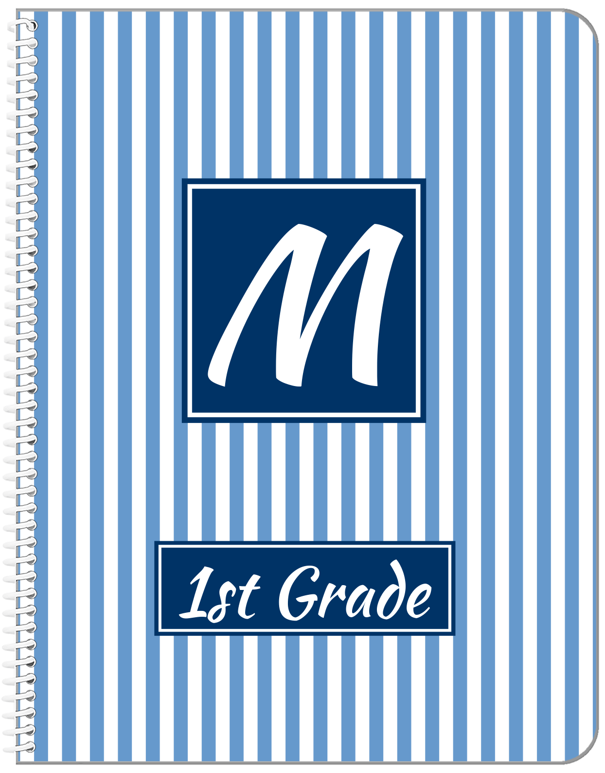 Personalized Vertical Striped Notebook I - Glacier and Navy - Square Nameplate - Front View