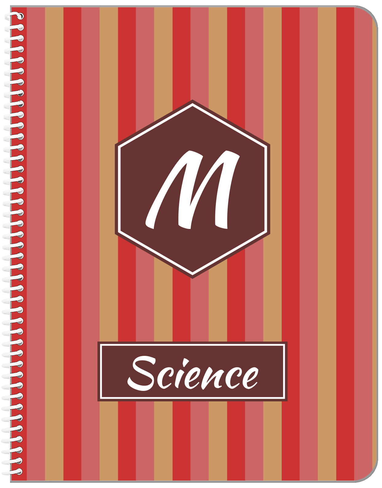 Personalized Vertical Striped Notebook II - Red and Brown - Hexagon Nameplate - Front View