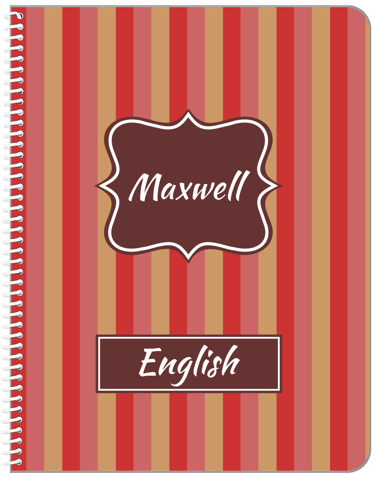 Personalized Vertical Striped Notebook II - Red and Brown - Fancy Nameplate - Front View