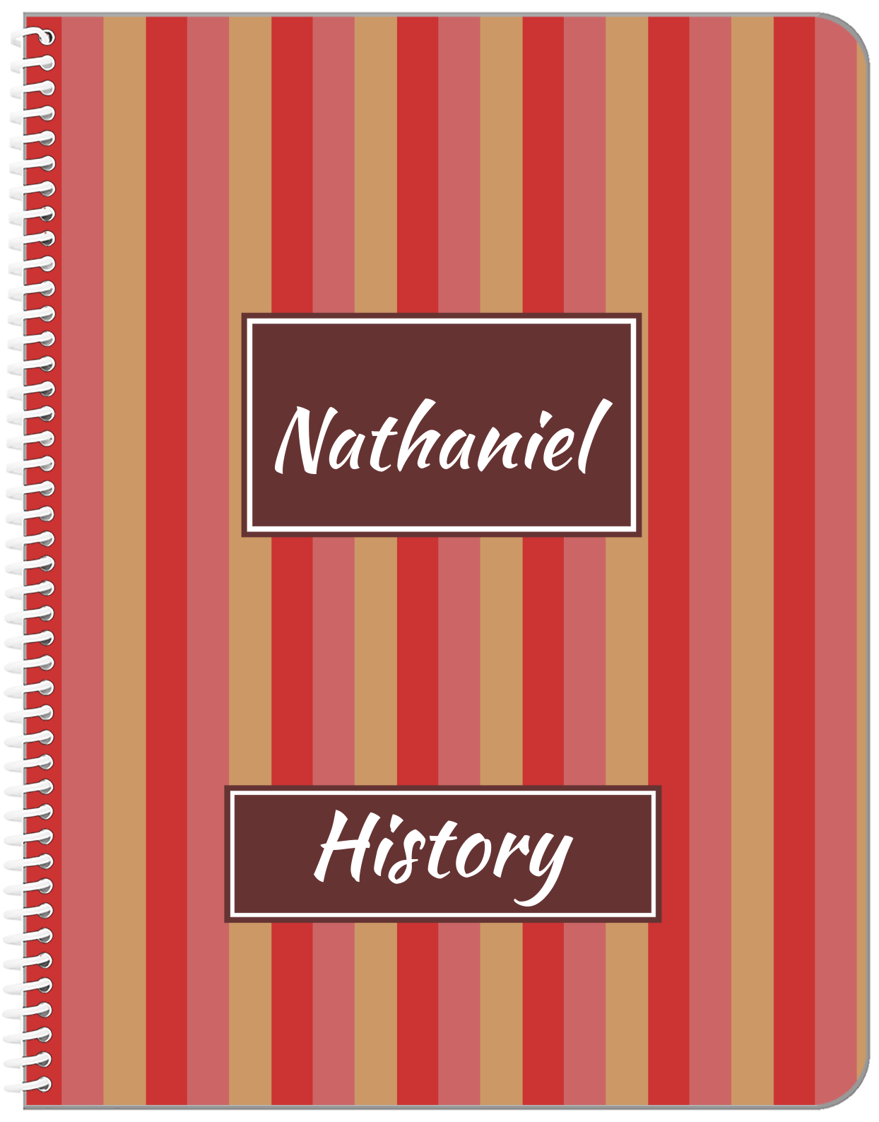Personalized Vertical Striped Notebook II - Red and Brown - Rectangle Nameplate - Front View