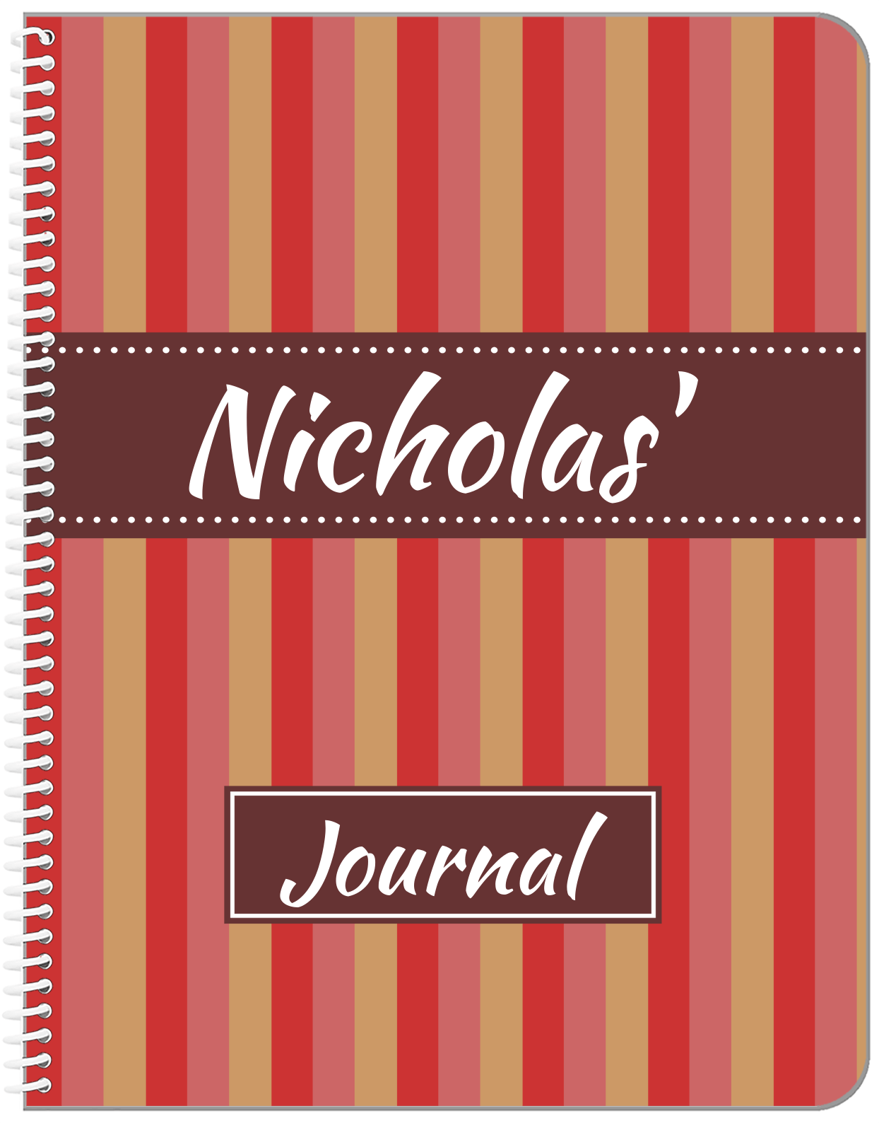 Personalized Vertical Striped Notebook II - Red and Brown - Ribbon Nameplate - Front View
