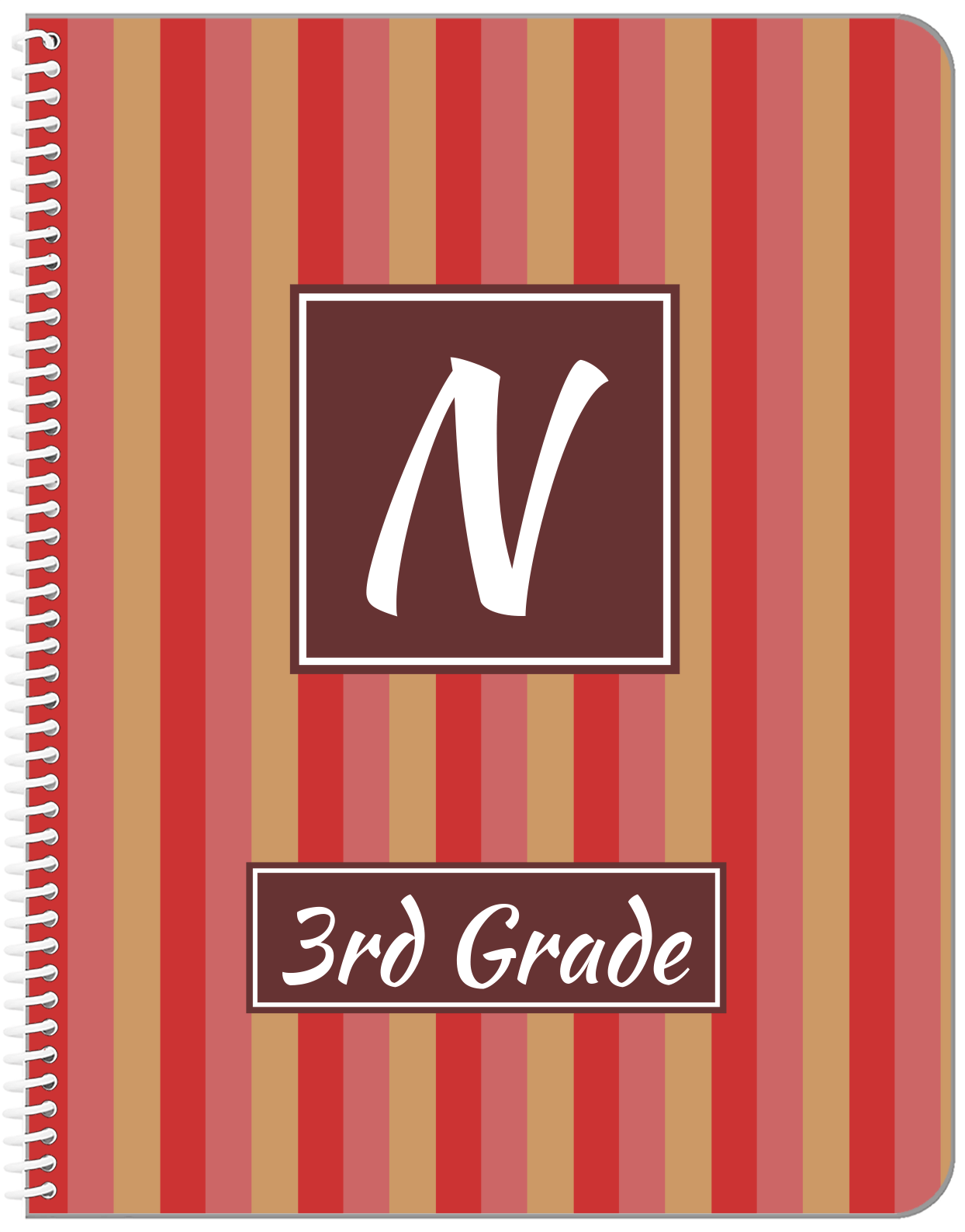 Personalized Vertical Striped Notebook II - Red and Brown - Square Nameplate - Front View