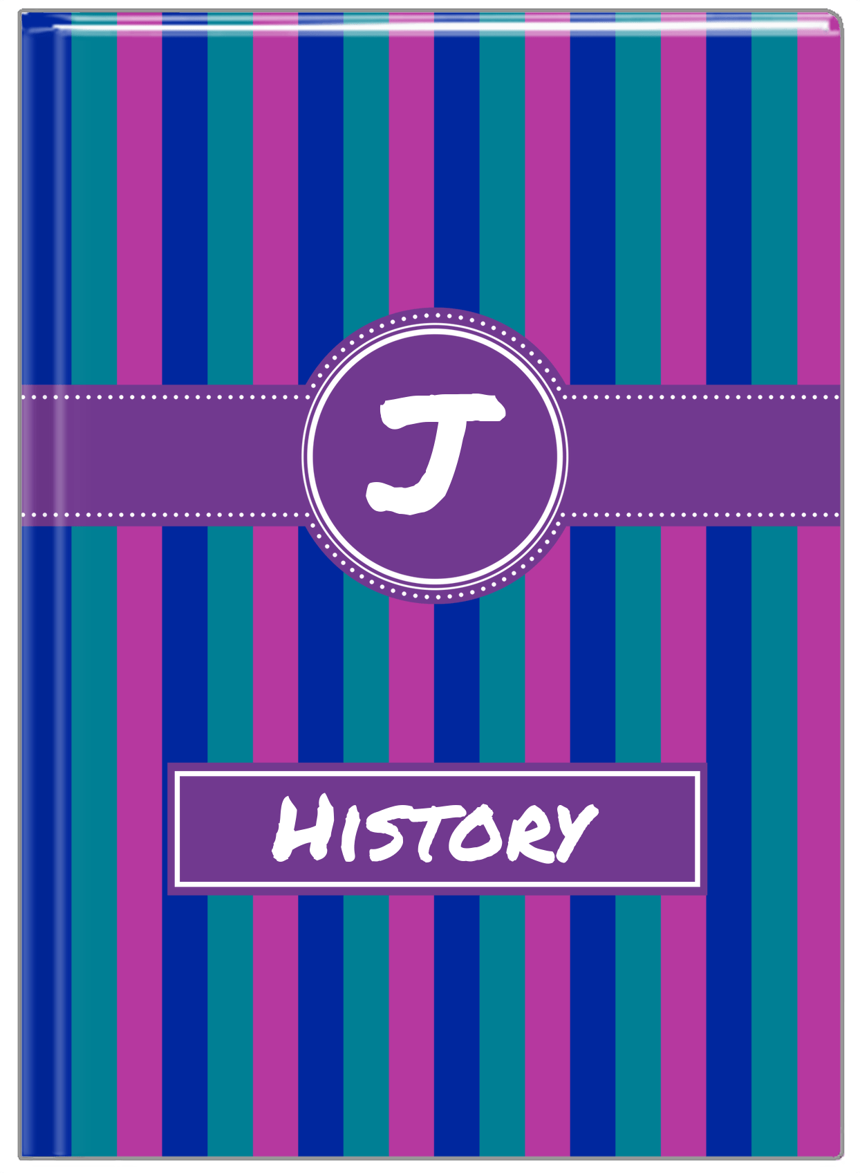 Personalized Vertical Stripes II Journal - Blue and Purple - Circle Ribbon Nameplate - Front View