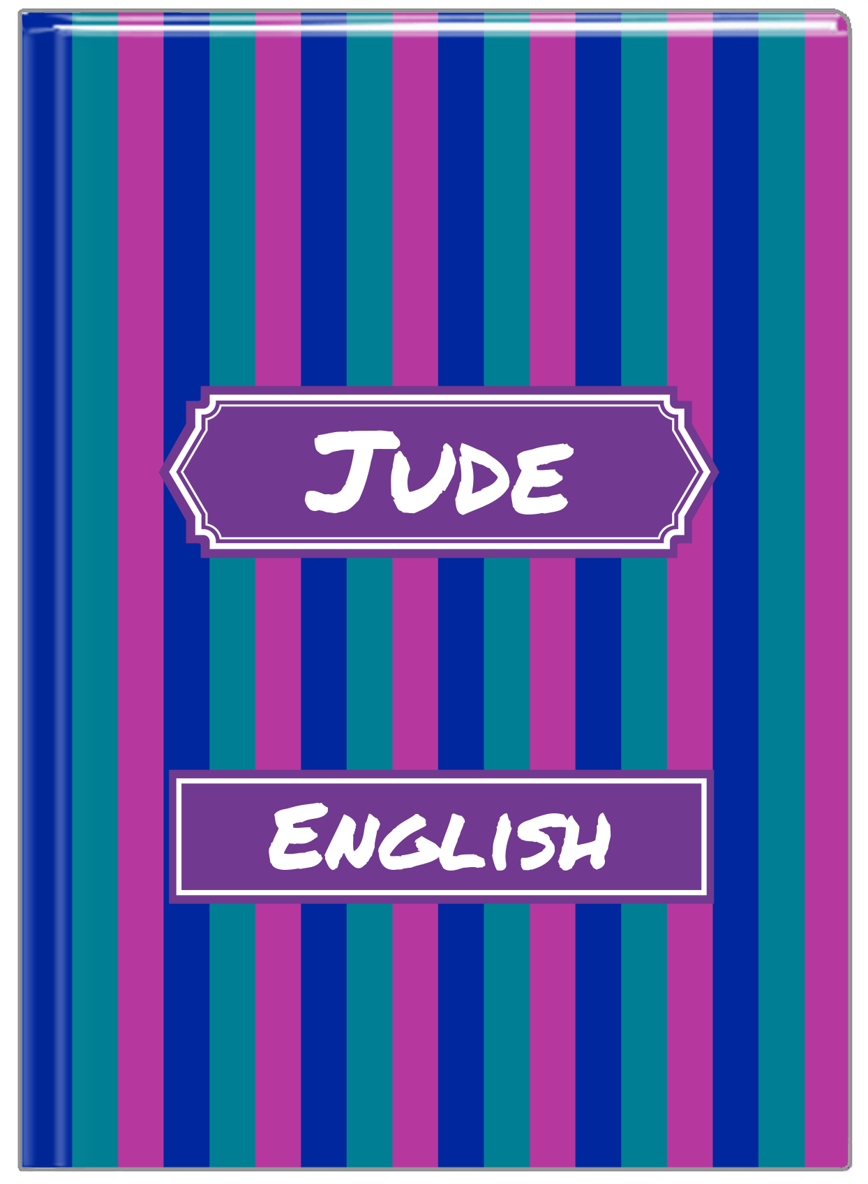 Personalized Vertical Stripes II Journal - Blue and Purple - Decorative Rectangle Nameplate - Front View