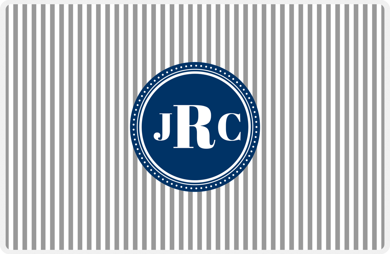 Personalized Vertical Stripes Placemat - Light Grey and White - Navy Circle Frame -  View