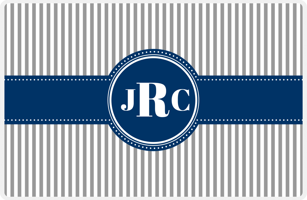 Personalized Vertical Stripes Placemat - Light Grey and White - Navy Circle Frame with Ribbon -  View