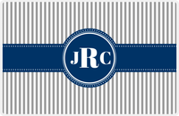 Thumbnail for Personalized Vertical Stripes Placemat - Light Grey and White - Navy Circle Frame with Ribbon -  View