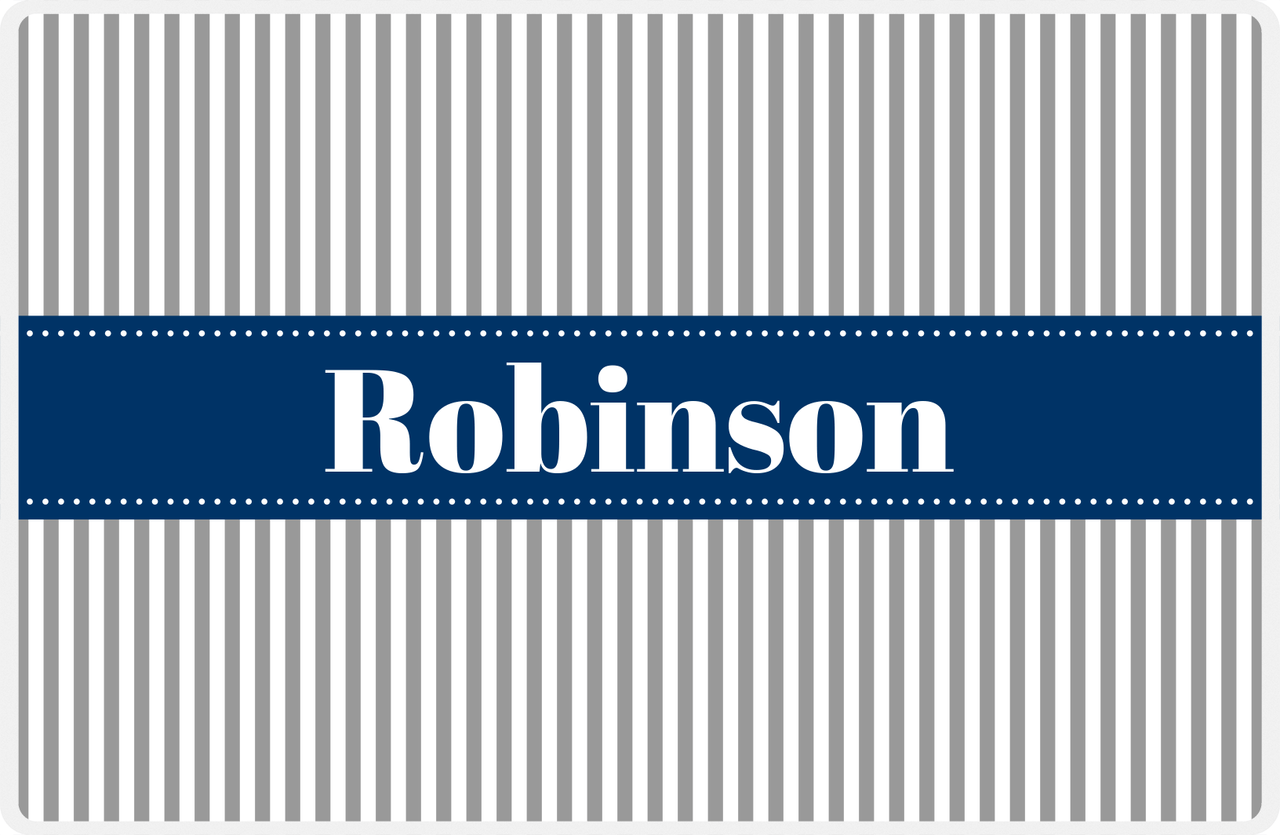 Personalized Vertical Stripes Placemat - Light Grey and White - Navy Ribbon Frame -  View