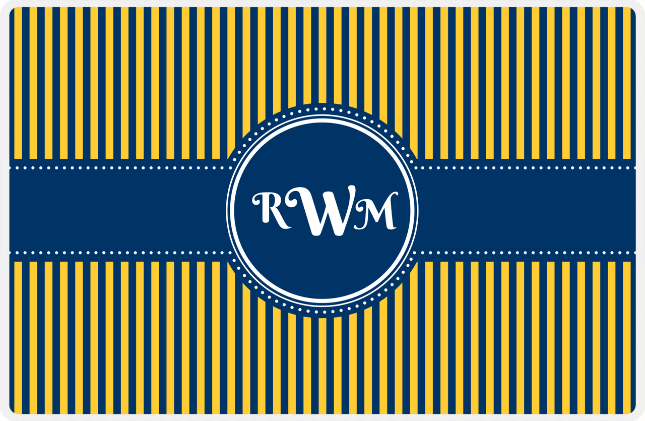Personalized Vertical Stripes Placemat - Navy and Mustard - Navy Circle Frame with Ribbon -  View