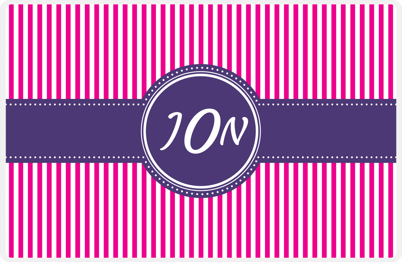 Personalized Vertical Stripes Placemat - Hot Pink and White - Indigo Circle Frame with Ribbon -  View