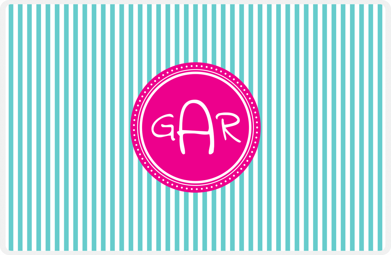 Personalized Vertical Stripes Placemat - Viking Blue and White - Hot Pink Circle Frame -  View