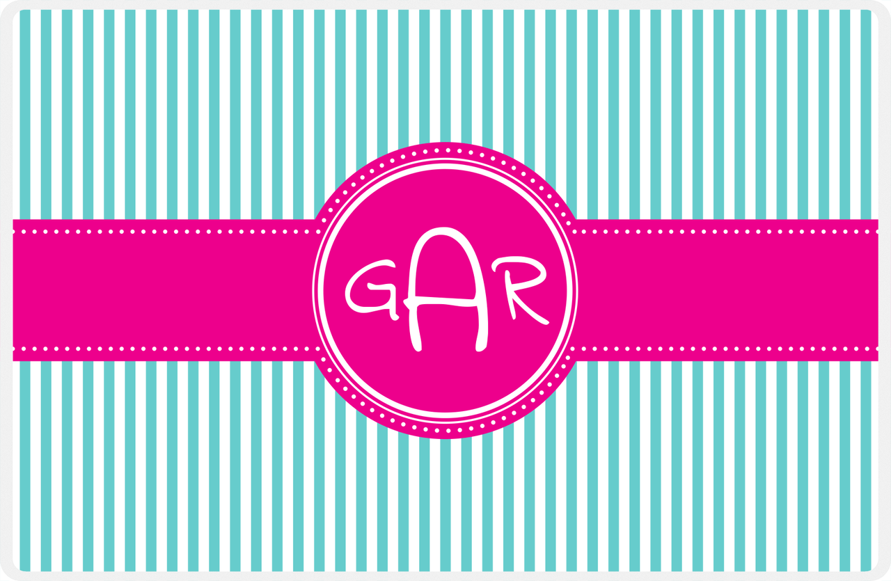 Personalized Vertical Stripes Placemat - Viking Blue and White - Hot Pink Circle Frame with Ribbon -  View